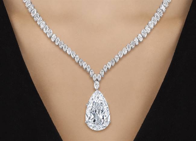 This 38-carat pear-shaped diamond is D-colour and VVS1-clarity. and was set in a pendant necklace by Jacques Timey for Harry Winston. The necklace is platinum and white 18-carat gold and features an additional 20 carats of G-colour diamonds. Source: M.S. Rau