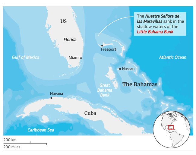 The Nuestra Señora de las Maravillas (Our Lady of Wonders) sunk in shark-infested waters on the western side of the Little Bahama Bank off Grand Bahama Island, more than 70km offshore, in early January of 1656.Source: The Guardian