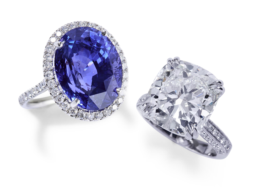 Right to Left: 19.86-carat colour-change sapphire ring with 50 smaller diamonds totalling 0.77-carats; an impressive solitaire diamond ring with a 11.08-carat centre stone. Source: Leonard Joel