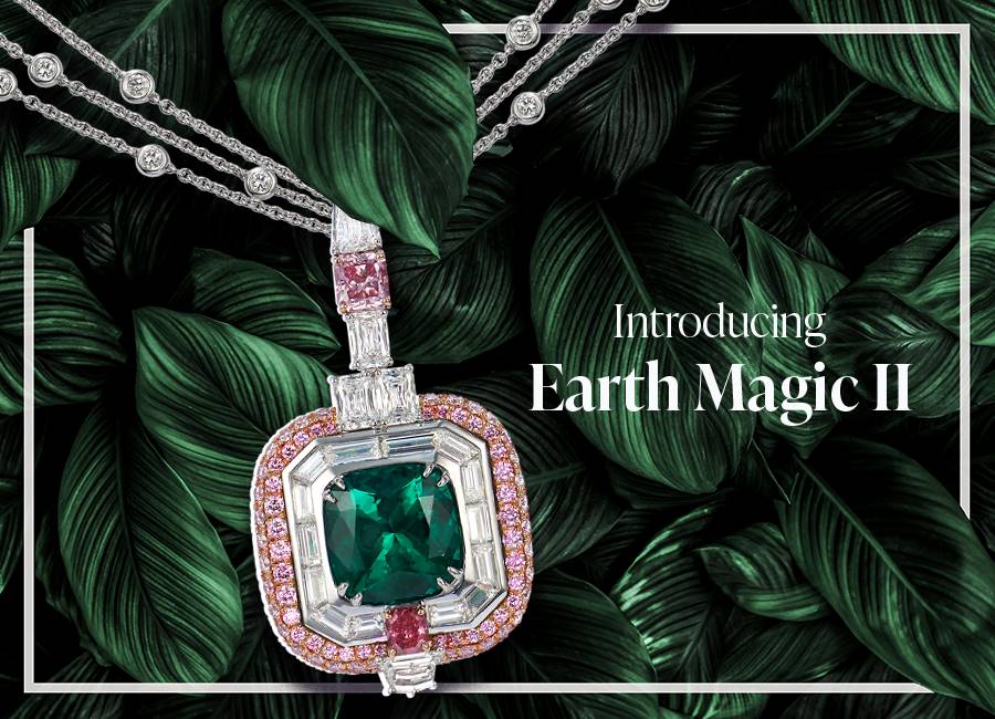 The Earth Magic II pendant by Muzo features a 7.66ct Emerald from the Muzo Mine in Colombia and set with rare Argyle pink diamonds and highlighted by a 0.43ct Fancy Purplish Red and a 1.06ct Fancy Intense Purplish Pink Argyle Signature Tender diamond.