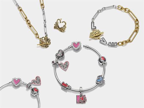 Keith Haring X Pandora is inspired by the artist’s principles of love for all and features 12 jewellery pieces consisting of eight bracelet charms, two rings, a necklace and earrings.