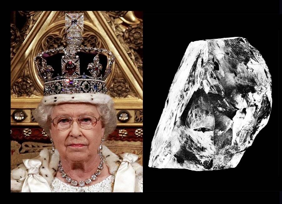 Left to Right: The Cullinan II Diamond were added to the late queen's Imperial State Crown; Rough replica of the Cullinan Source: Getty