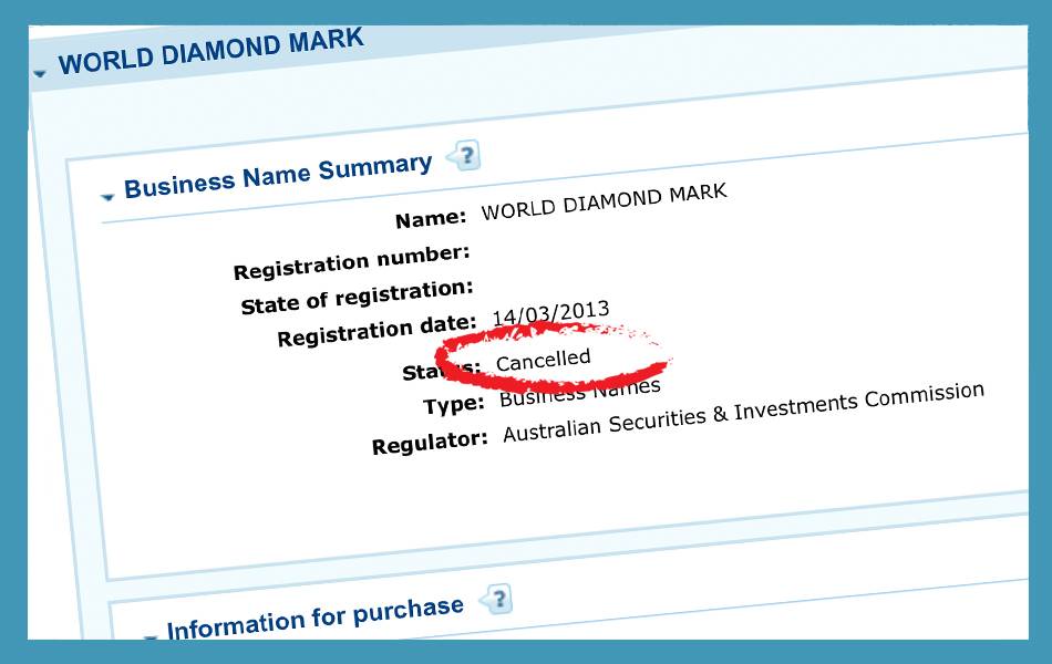 Despite the ‘World Diamond Mark’ being owned by the World Diamond Mark Foundation – an organisation controlled by the World Federation of Diamond Bourses – it was registered in Australia by Rami and Liora Baron under a family partnership. It was renewed on 14 March and abruptly cancelled on 8 Sept