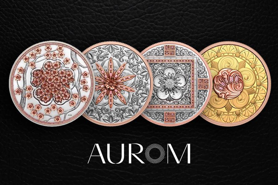 The newly minted gold, platinum and diamond-encrusted coins represent examples of fine numismatic craftsmanship and feature fancy colour diamonds from Western Australia’s now closed Argyle Mine.