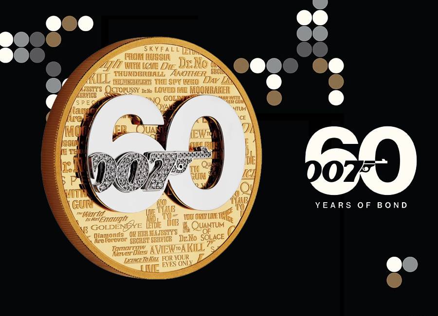 The coin incorporates the official 60th anniversary logo made from white gold with a pavé setting of 0.24 carats of white diamonds within the iconic 007 gun logo and retails at $30,000.