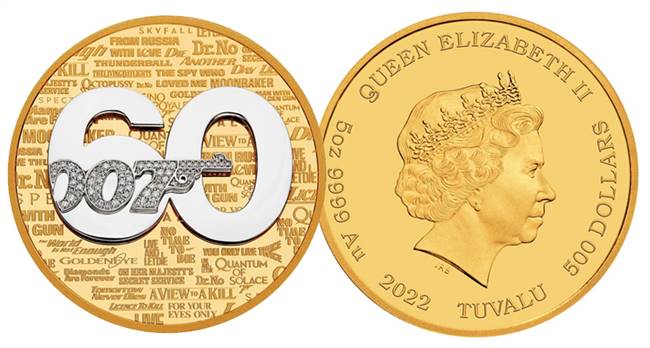 The 60th Years of Bond 2022 coins are officially licensed and made of 5 oz of 99.99% gold with white gold accents, pavé set white diamond logo.