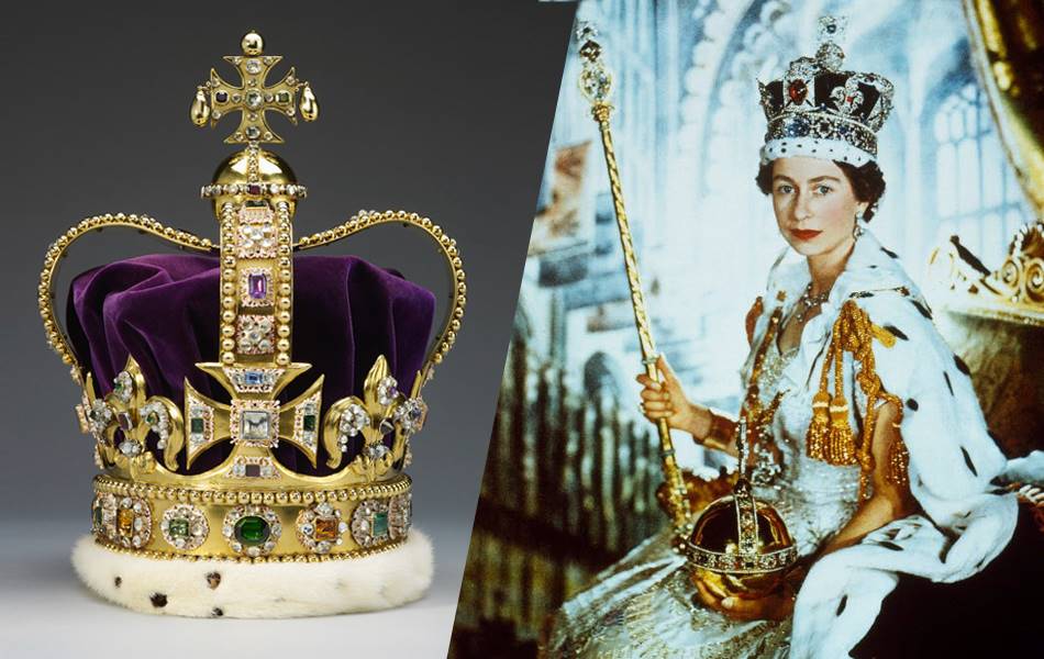 The current Coronation crown is made of solid gold and adorned with 345 aquamarines, 37 white topaz, 27 tourmalines, 12 rubies, seven amethysts, six sapphires, garnet, spinel amongst the most prominent stones. Queen Elizabeth often joked about how heavy it was. Source: Cecil Beaton. © V&A Museum