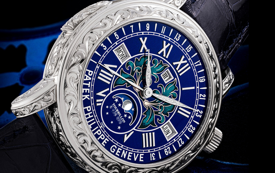 Patek Phillipe's Sky Moon Tourbillon features 12 complications on the main face and underside, with functions such as cathedral minute repeating, tourbillon, perpetual calendar, retrograde date, moon phases, leap year indication, sidereal time, sky chart, phases and orbit of the moon.