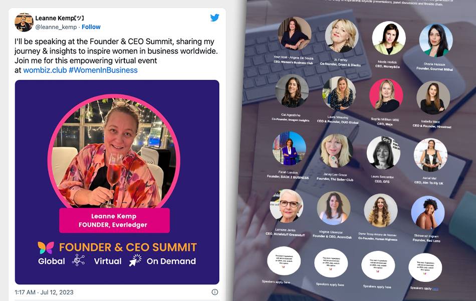 On 11 July, just one day before a resolution to liquidate Everledger, Leanne Kemp began advertising herself as a speaker at the ‘Founder and CEO Summit’ hosted by Women’s Business Club. Even though organisers have since cancelled her appearance Kemp’s Twitter account still promotes her attendance.