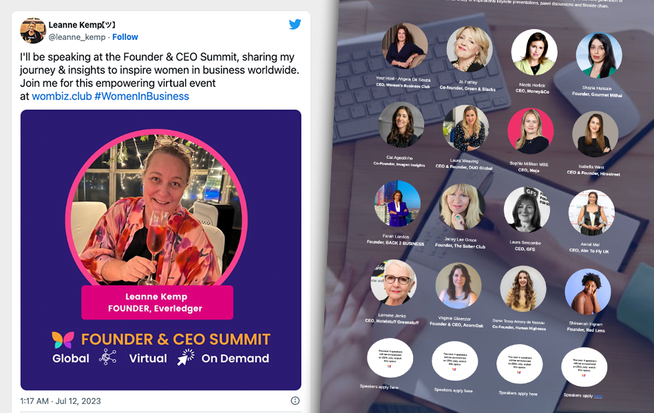 On 11 July, just one day before a resolution to liquidate Everledger, Leanne Kemp began advertising herself as a speaker at the ‘Founder and CEO Summit’ hosted by Women’s Business Club. Even though organisers have since cancelled her appearance Kemp’s Twitter account still promotes her attendance.