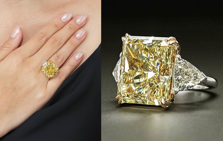 Created by Bulgari, the fancy vivid yellow VVS2 clarity diamond is set into a ring and returned $US2.8 million ($AU4.4 million) after entering the 23 September auction with an upper estimate of $US1.2 million ($AU1.89 million). | Source: Christie's