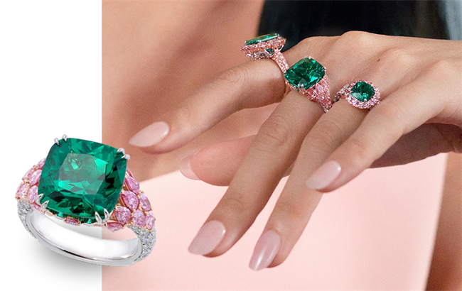 Valentina Ring: A 7.46-carat, no-oil, cushion shape emerald is set with round and fancy shaped Argyle pink diamonds and white diamonds on each side in platinum and 18-carat gold