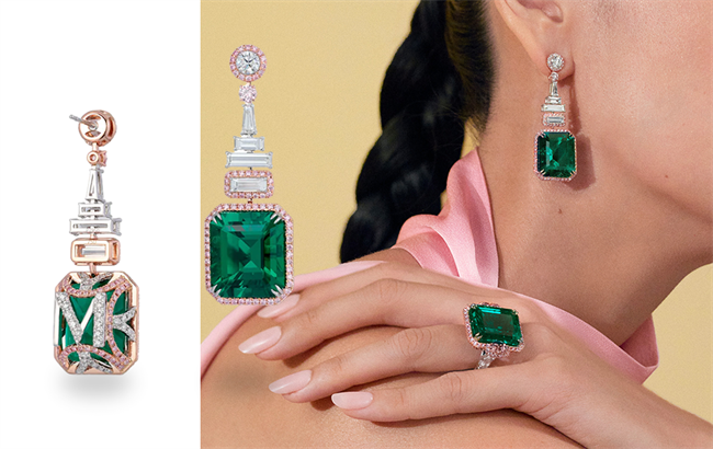 Jasmine Earrings: 11.83ct and 11.15ct no-oil emeralds set with Argyle pink diamonds and white diamonds set in platinum and 18-carat gold.