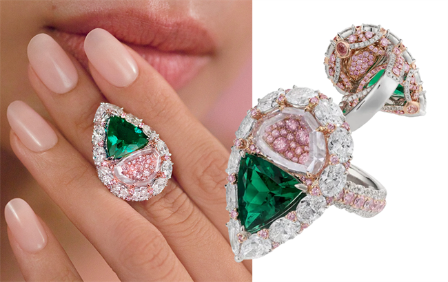 Mila Ring: 2.65ct no-oil trilliant cut emerald with a modified pear portrait cut diamond 3.22ct with pink and white diamonds set in platinum and 18-carat gold. The use of the portrait cut diamond in this piece symbolises Lake Argyle with pink diamonds underneath its water table.