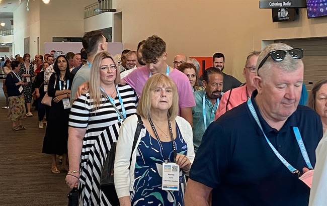 Retail buyers form a long line at the opening of the Australian Jewellery Fair on the Gold Coast.