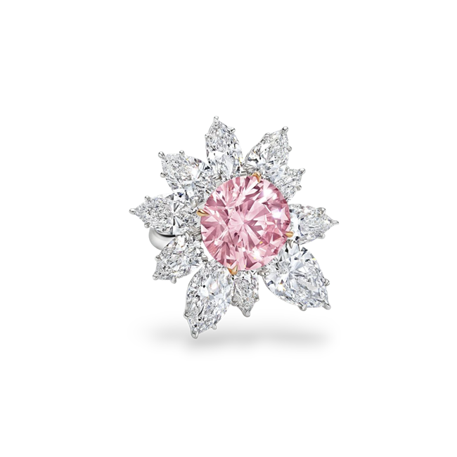 The Eden Rose ring, featuring a 10-carat fancy intense pink diamond surrounded by eight pear-shaped brilliant-cut diamonds and two additional marquise brilliant-cut stones.