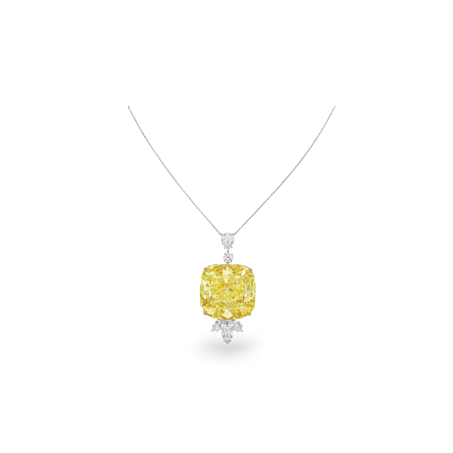 This necklace features a cushion-modified brilliant-cut, 84-carat, fancy, intense yellow diamond.