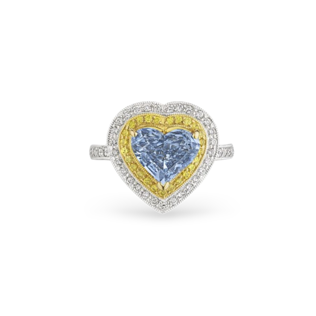 Set in a ring, a heart-modified brilliant-cut, 2.28-carat, fancy vivid blue diamond surrounded by yellow and white diamonds.