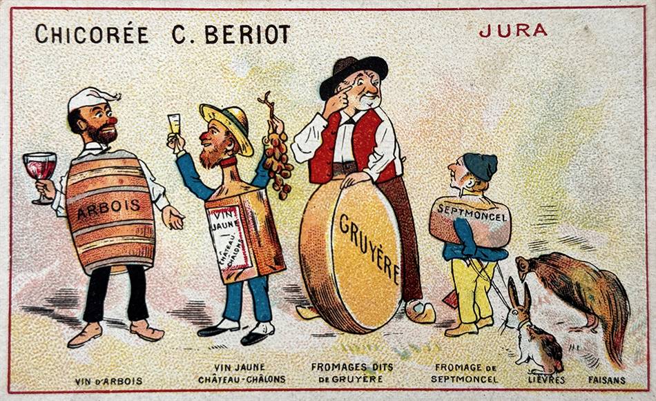 A 20th century card depicting the products of the Jura including cheese from Septmoncel.