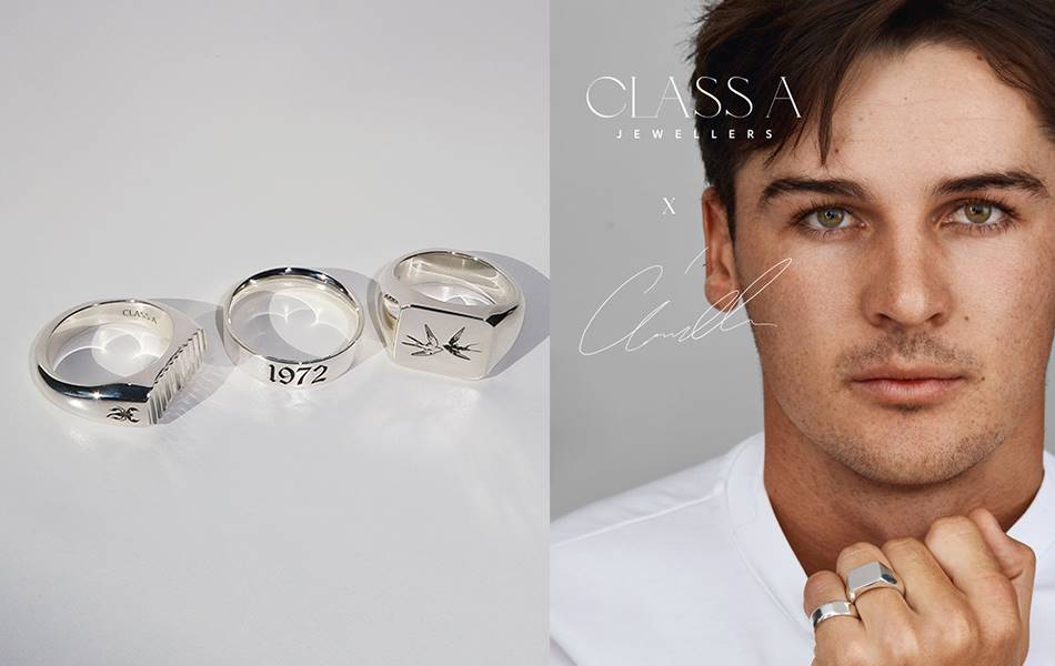 Class A Jewellers has partnered with Port Adelaide captain Connor Rozee to release a new men’s collection featuring five rings and two cufflinks. | Source: Class A Jewellers