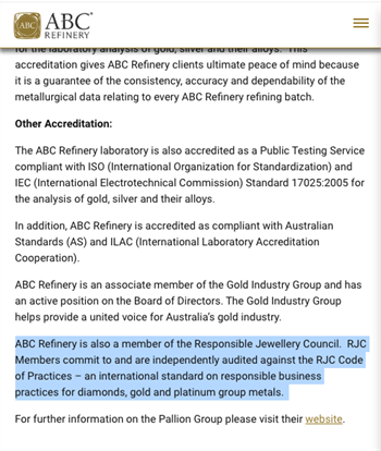 The ABC Refinery website page clearly states that the company is a RJC member.