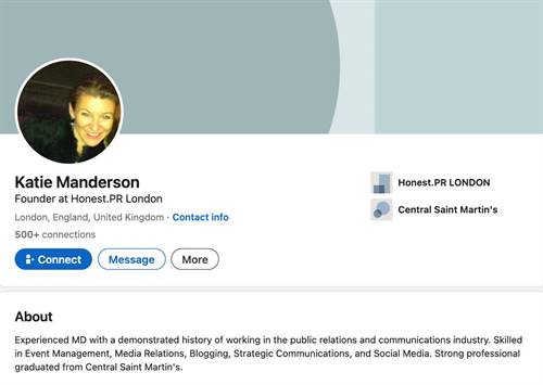 Katie Manderson’s LinkedIn profile also omits any reference to her current position at the Responsible Jewellery Council