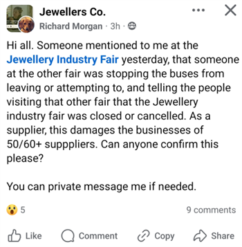 The original post by Richard Morgan on Jewellers Co. has since been deleted, along with the thread of replies. He has now apologised to Expertise Events.