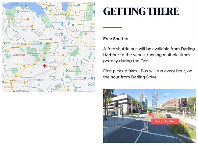 The "Getting there" instructions on the JIF website showing the shuttle bus pickup point. Some of the confusion may have been caused by the fact that it was some distance away from the IJF event, at the Sydney Entertainment Centre.