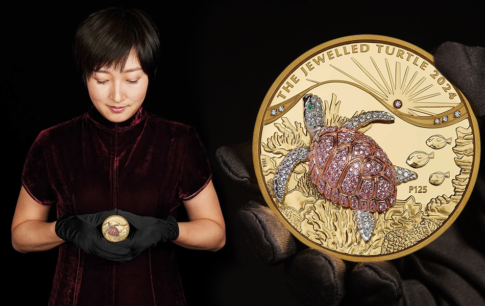 The Perth Mint has released eight limited edition collector coins featuring a turtle and glittering gemstones and pink diamonds. | Source: The Perth Mint