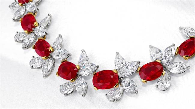 A necklace featuring 26 oval-shaped Burmese rubies is expected to impress buyers.