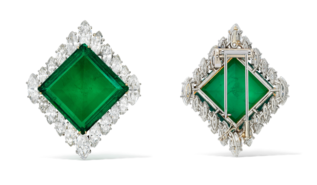 The Aga Khan Emerald. A Cartier emerald and diamond brooch, 1960. 37-carat square-shaped emerald featuring marquise-shaped diamonds set in platinum and 18-carat yellow gold.