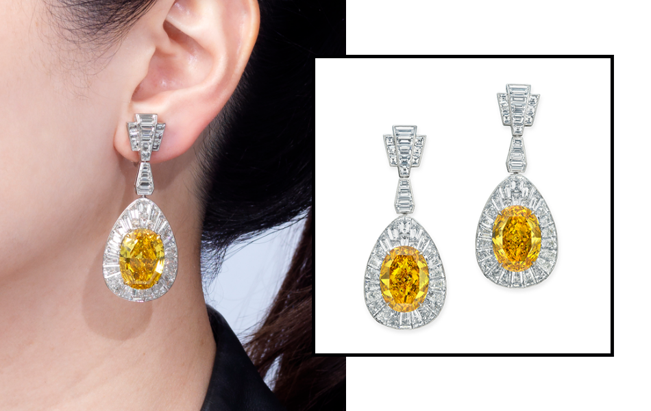 A pair of earrings featuring two fancy colour yellow diamonds commanded an impressive return at Christie’s most recent auction in Hong Kong. | Source: Rapaport