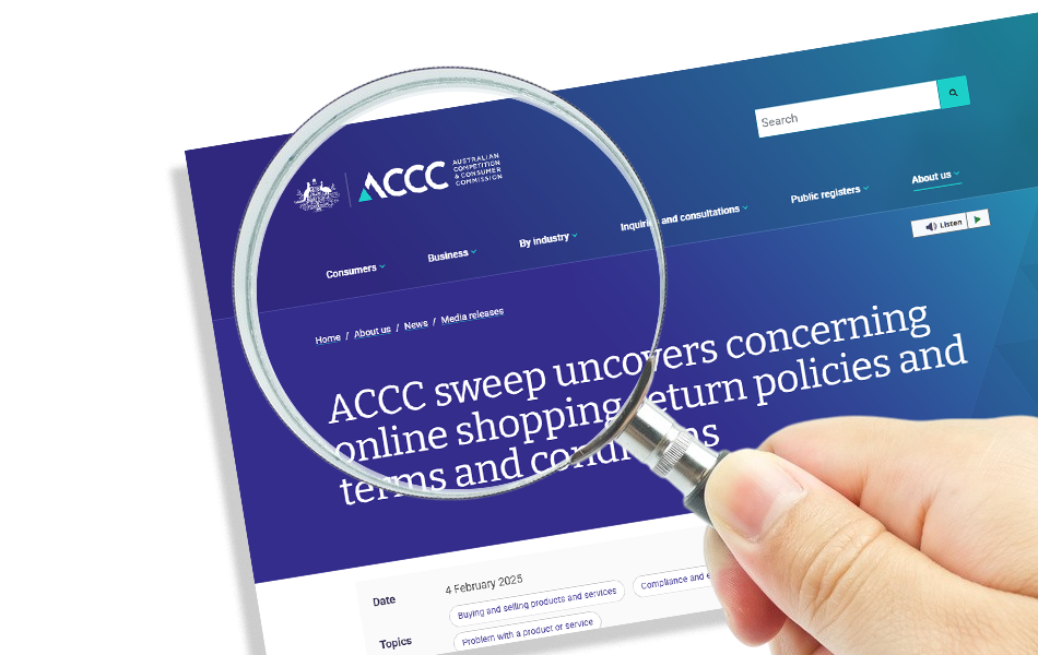 The Australian Competition and Consumer Commission (ACCC) has completed a sweep of more than 2,000 retail websites and highlighted concerns around return policies. | Source: ACCC