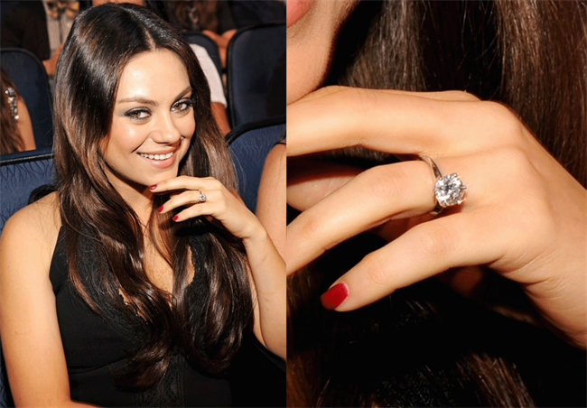 Actress Mila Kunis’ round brilliant diamond engagement ring.