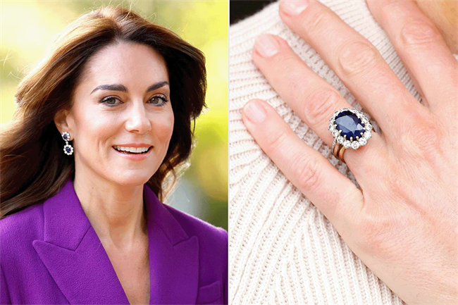 Kate Middleton’s oval blue sapphire centre stone with a diamond halo surround.