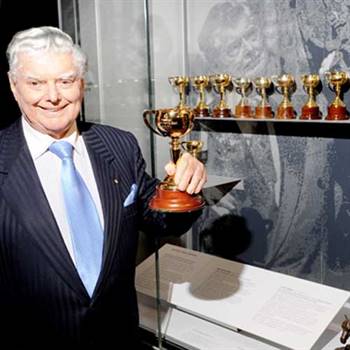 Bart Cummings with his 12 Melbourne Cup trophies