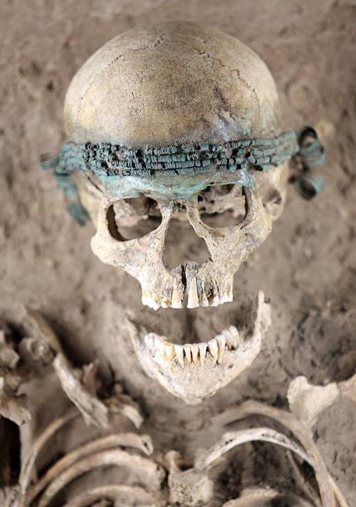 Close up of skeleton with an ornate headband. AFP Photo - Jan Woitas