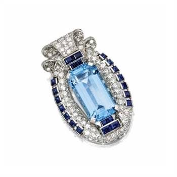 Cariter aquamarine, sapphire and diamond brooch, 1935