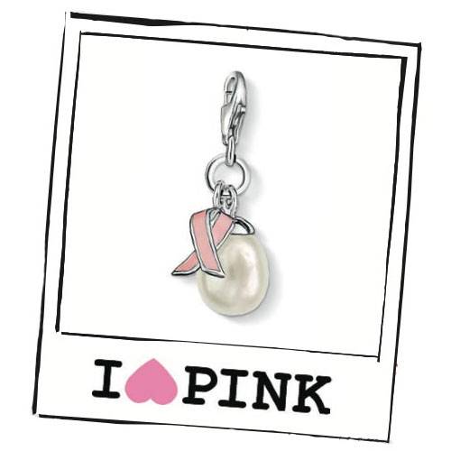 The charm features a freshwater pearl and pink-enamelled sterling silver ribbon