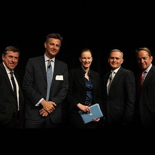 (L-R): Coles MD Ian McLeod, Super Retail Group CEO Peter Birtles, Leigh Sales, Woolworths MD Tjeerd Jegen, Bunnings MD, ANRA chairman John Gillam. (Photo: Peter Braig)