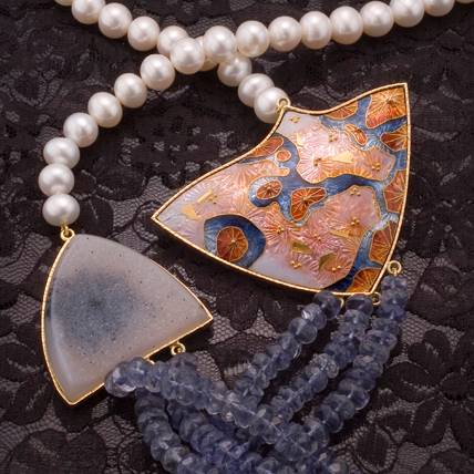 'Veiled Passion' made of enamel, druzy quartz, 22-carat and 24-carat gold, fine and sterling silver, freshwater pearls and ioilite faceted beads