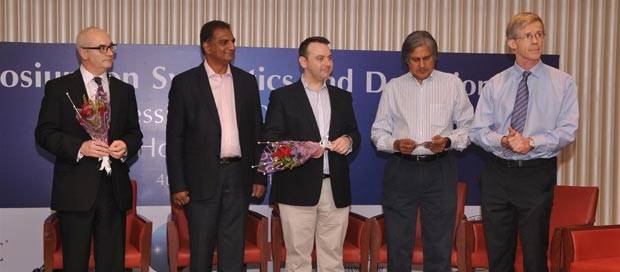 (L-R) Jonathan Kendall, IIDGR president, Vipul Shah, GJEPC chairman, Jamie Clark, IIDGR director business integrity, Anoop Mehta, Bharat Diamond Bourse president, Dr Philip Martineau, De Beers Group Technologies senior manager of physics