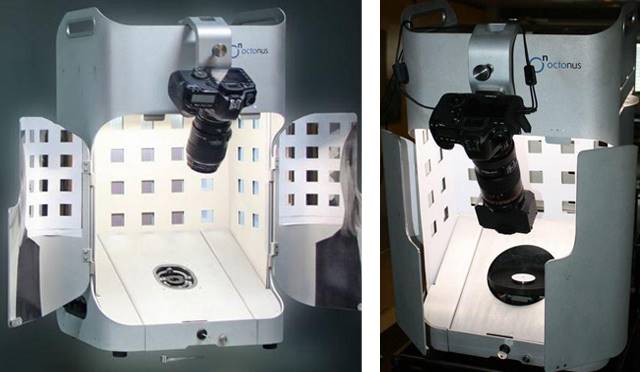 Left: ViBox with the doors open, Canon camera and figure of eight diamond movement gimbal. Right: Doors partly closed, with a stereo splitter and a 360-degree rotating stage for the diamond