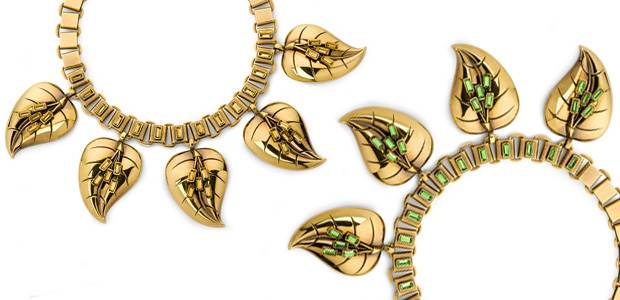 Leaf necklace, gold and green