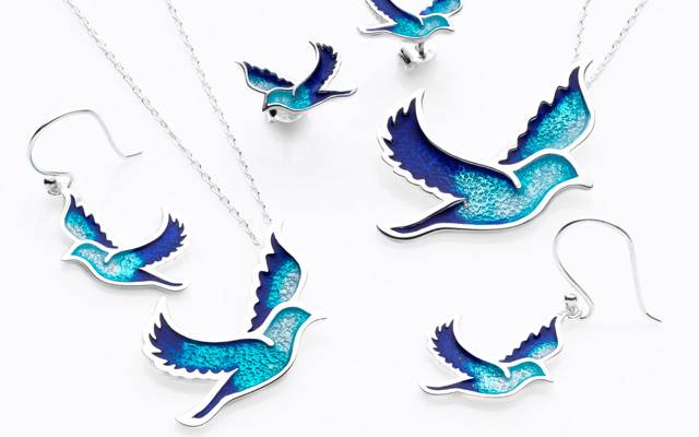 Aztec Gold & Silver's enamel bird pendants with matching earrings