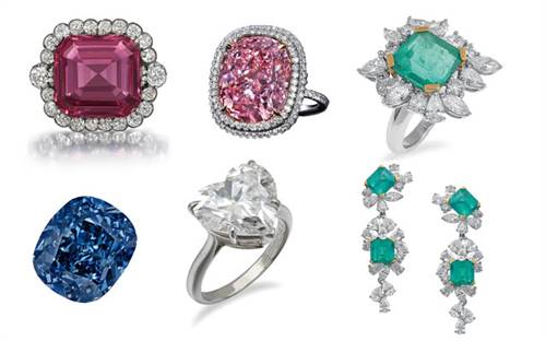 Clockwise from top left: the Hope Spinel; Christie's 16.08-carat pink diamond; the ring and earrings from Leonard Joel's record-breaking emerald and diamond suite; Leonard Joel's Tiffany ring; Sotheby's 12.03-carat Blue Moon