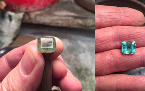 An emerald before and after repolishing by A Dalheimer & Co