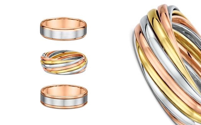 A selection of Dora's rose gold wedding rings