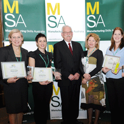 L-R: Laboratory technologist Elaine Lees, Audrey Toth, CEO of MSA Bob Paton, Chair of MSA Megan Lily and automotive apprentice Kelly Byford