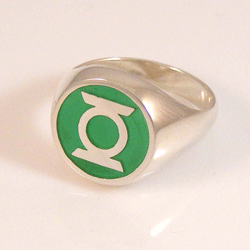 A sterling silver Green Lantern ring coated with green resin